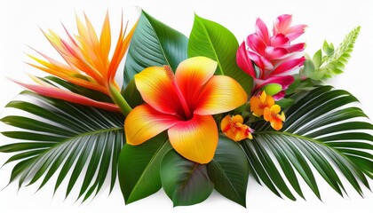Obraz premium Vibrant Tropical Flowers With Lush Green Leaves In A Beautiful Arrangement Isolated On Transparent Background
