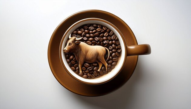 Brown Coffee Cup With Coffee Beans And Bull Illustration On White Background