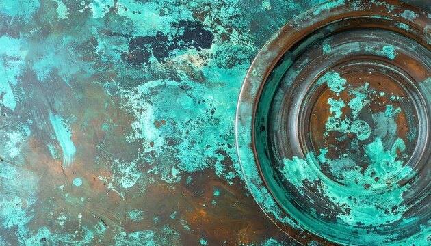 Old Copper Plate on a Textured Background With Green and Brown Colors Showing Signs of Age and Wear in a Close-Up View