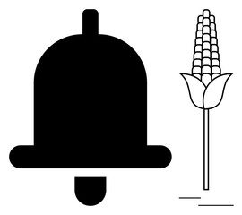 Fototapeta premium Notifications, agriculture, food industry, rural lifestyle, alarm concepts, simplicity. Black silhouette of a bell with a standing corn stalk. Notifications and agriculture concepts in minimalist