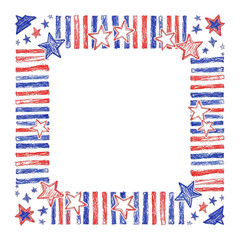 Obraz premium American flag themed crayon drawing border with stars and stripes for patriotic holiday celebration isolated on transparent background.