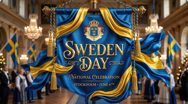 A blue and gold banner celebrating Sweden Day in a grand hall