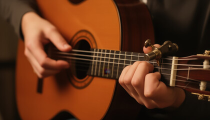 Obraz premium Person playing an acoustic guitar in a dimly lit room