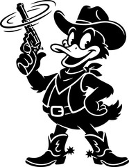 Fototapeta premium Cowboy duck with a spinning revolver gun, wearing a hat, vest, and boots.