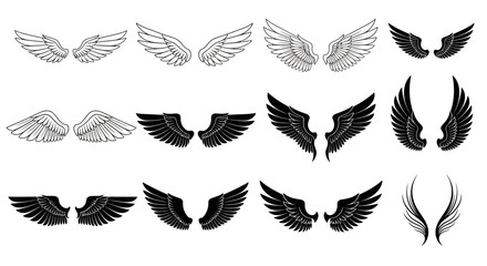Obraz premium Heraldic angel wings collection, 12 pairs of black and white feathered wing silhouettes, vintage eagle and bird wing vector set for logos and tattoos