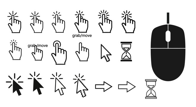 Computer mouse cursor icon set, black and white hand pointer and arrow symbols, digital navigation elements for web interface design