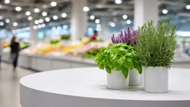 Panning tracking shot of potted herbs on round table as shoppers move through supermarket produce section with bright bokeh background