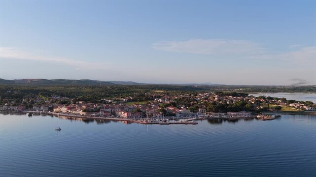 Aerial view of Bouzigues on the Thau Lagoon, in the H&eacute;rault department, Occitanie region, France