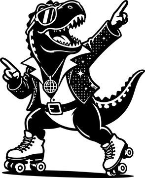 Disco dinosaur vector character with sunglasses and roller skates in funky dancing pose.