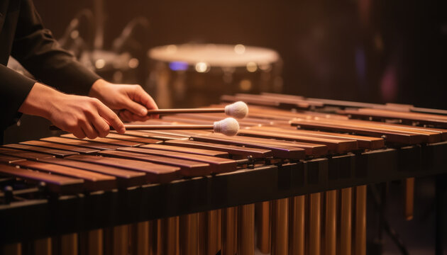 Musician playing marimba in dimly lit concert setting