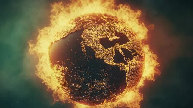 CGI artwork of a fiery planet Earth encircled by flames, set against cosmic backdrop.
