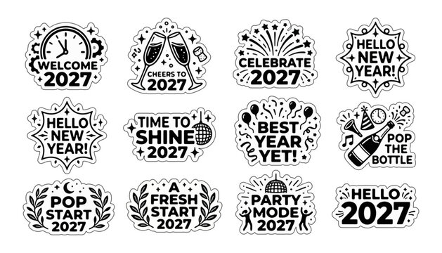 Set of new year 2027 celebration stickers and badges for festive party designs with celebration stickers calendar midnight champagne fireworks balloons decoration elements graphics