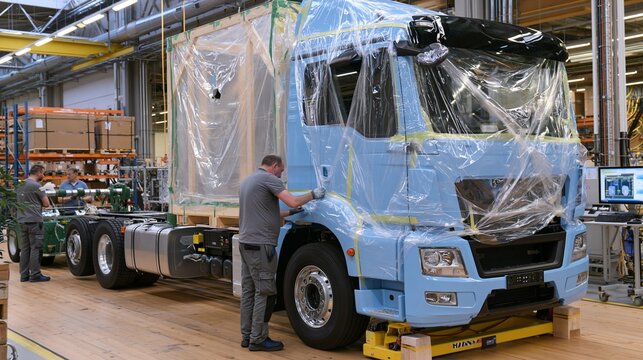 Medium shot showing technicians wrapping the trucks exterior in protective plastic safeguarding surfaces during transport and handling.