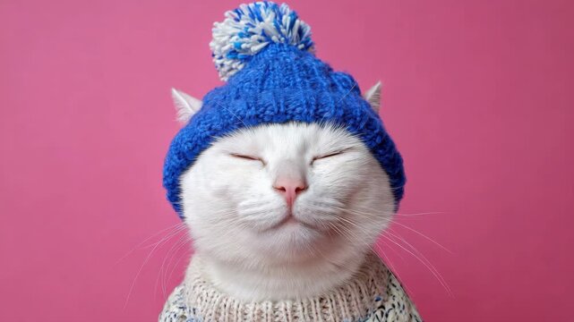 Static shot of white cat wearing blue knit hat and sweater sitting still against pink studio backdrop