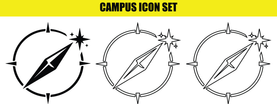 Campus icon set featuring compass needle with sparkling star accents for navigation and direction design vectors.