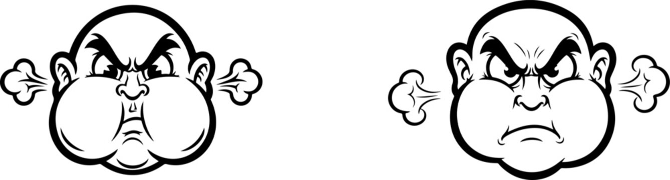 Two angry faces puffing cheeks with steam, furrowed brows and gritted teeth.