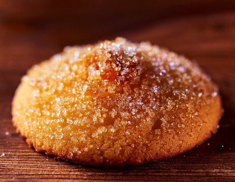 delicious sugar cookie topped with toasted caramelized sugar crystals sits on a wooden surface