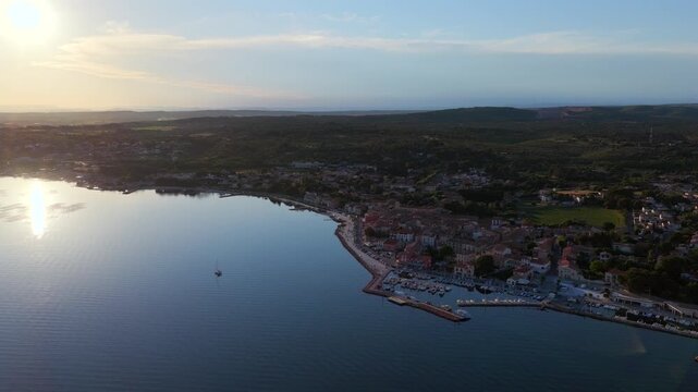 Aerial view of Bouzigues on the Thau Lagoon, in the H&eacute;rault department, Occitanie region, France