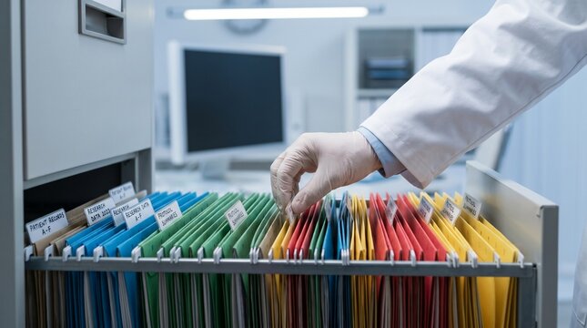 &ldquo;Open filing cabinet with color-coded folders labeled medical records, symbolizing organized healthcare data management.&rdquo;