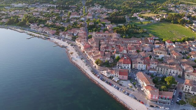 Aerial view of Bouzigues on the Thau Lagoon, in the H&eacute;rault department, Occitanie region, France