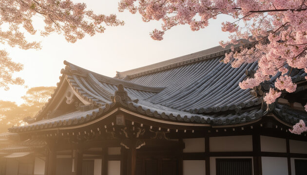 Traditional building with cherry blossoms in soft morning light