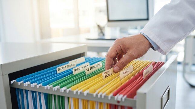 &ldquo;Open filing cabinet with color-coded folders labeled medical records, symbolizing organized healthcare data management.&rdquo;