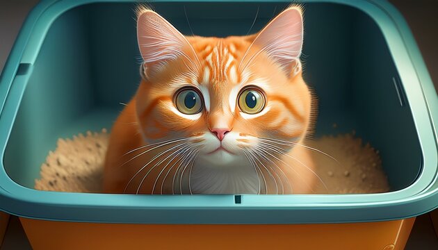 cute orange cat sitting in a litter box looking curiously with its big eyes