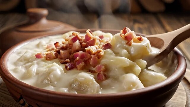 Delicious traditional potato dumplings with bacon and cream sauce.