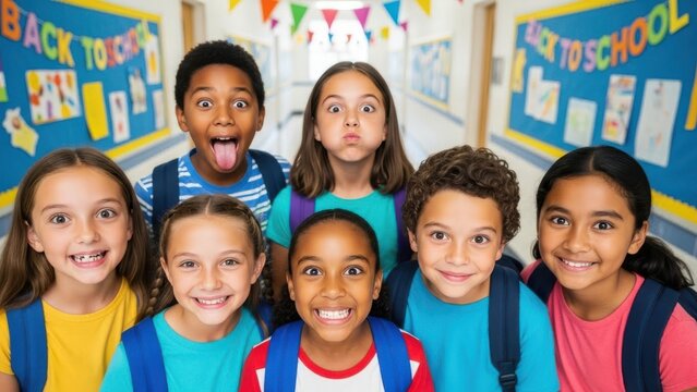 Happy diverse children with backpacks making funny faces and smiling in a vibrant school corridor decorated with colorful back to school banners and bunting Wallpaper Background image