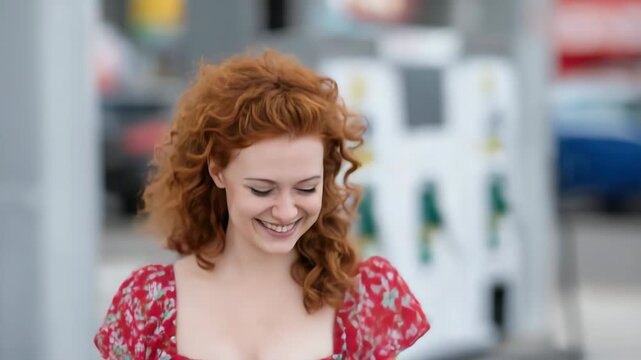 Static close up of red haired woman raising arms smiling and laughing at gas station pumps in urban daytime setting