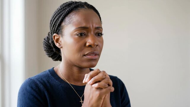 Woman praying with hands clasped in deep thought and emotion, expressing faith and hope through prayer. Spiritual connection and community support during moments of reflection and need for guidance.