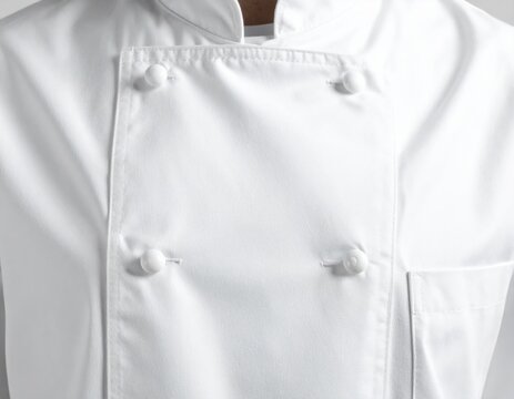 Close up of a professional white chef jacket with double breasted closure and white buttons