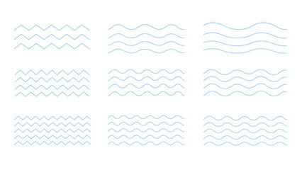 A clean modern vector collection of water wave patterns featuring thin blue zigzag lines, smooth wavy horizontal underlines, and minimal graphic motifs illustrated in a fresh contemporary style. © liana