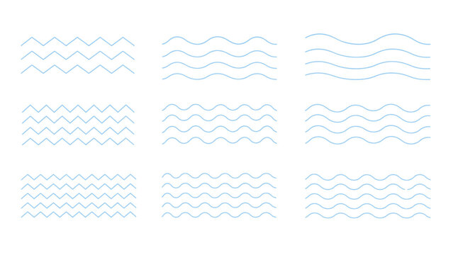 A clean modern vector collection of water wave patterns featuring thin blue zigzag lines, smooth wavy horizontal underlines, and minimal graphic motifs illustrated in a fresh contemporary style.