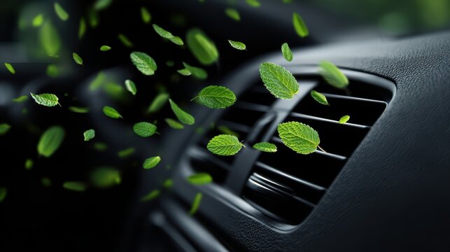 Car air conditioning vent with fresh green mint leaves blowing out for fragrance concept