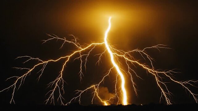 Vibrant yellow lightning bolts striking across a dark night sky, illuminating the black background with intense electric discharges and jagged bolts of natural electricity.