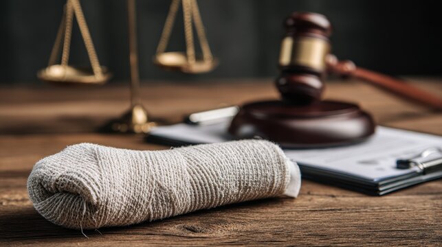 Medical bandage and legal gavel representing personal injury law and medical malpractice.