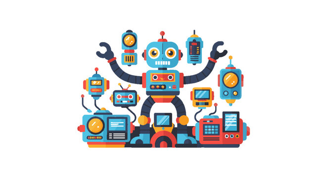 Cute cartoon robot surrounded by various electronic devices and gadgets, representing technology and innovation.