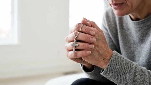 Hands clasped in prayer showing deep contemplation and reflection, inner peace captured in serene indoor setting with bright light, perfect for faith-related themes and church community events.
