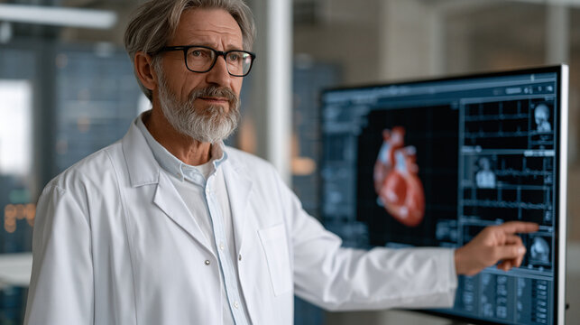 Biomedical engineer adjusting cardiac digital twin simulation parameters on large format visualization screen inside hospital computational modeling laboratory, three-dimensional beating heart model