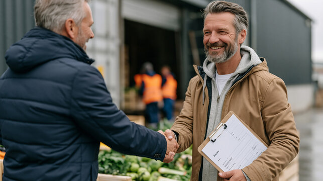 Agricultural distributor and restaurant buyer shaking hands over crates of late-summer produce at a rain-slicked loading dock, invoice clipboard between them, workers visible in background, B2B nego