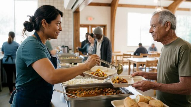 Community kitchen serving warm meals to individuals with compassionate staff assisting with food portions. Volunteer work in community kitchen promotes connection and support for those in need.