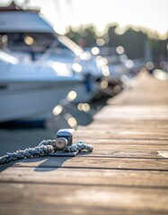 Obraz premium Wooden Pier with Boats and Bokeh Lights at Sunset Nautical Scene