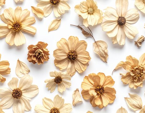 Dried Beige Flowers Scattered on White Background Top View Detailed Texture