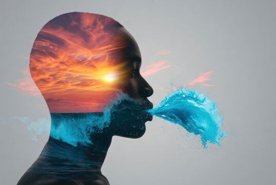 Doppia esposizione di un volto umano con tramonto e oceano