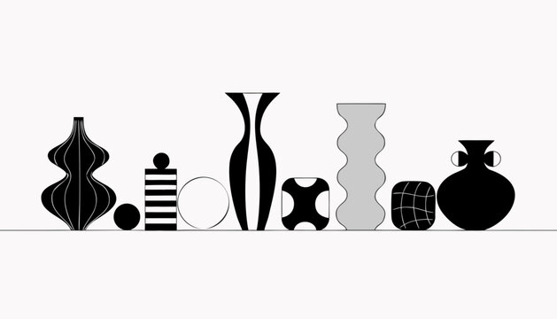 Minimal illustration of abstract decorative vases reflecting fandom aesthetics and commercial character culture