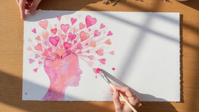 Dipinto ad acquerello di un profilo umano con cuori che sbocciano dalla mente