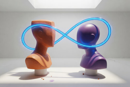 Rappresentazione 3D della neurodiversit&agrave; con busti umani e simbolo dell'infinito al neon