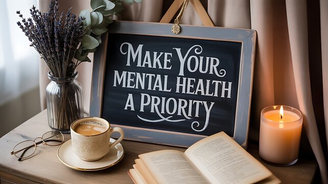Make your mental health a priority sign with coffee, book, and lavender on a cozy wooden desk setup