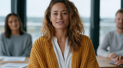 Fototapeta premium Workplace diversity initiative focus group in a coworking loft, HR strategist in her forties presenting inclusion audit findings to a cross-functional panel, printed data packets on the table, overc